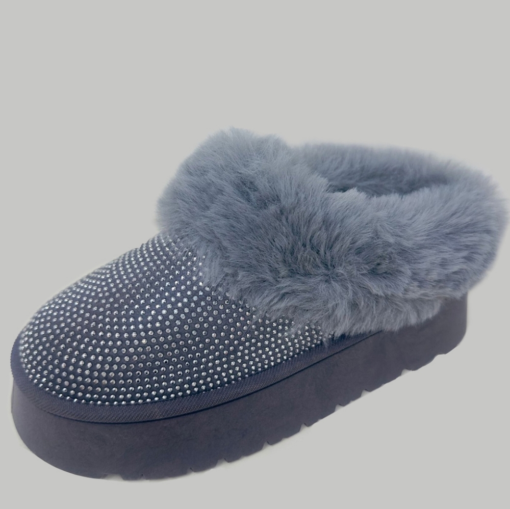 Harmony In Nature GRAY Faux Fur & Rhinestone Slip-On Slippers size 7